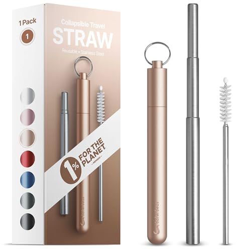 Premium Collapsible Travel Straw, Portable Reusable Metal Straws for Keychain, Food Grade Stainless Steel, Cruise Ship Essentials, Stocking Stuffers, Kitchen Gadgets (rose Gold, 1 Pack, 9 Inch Straw)