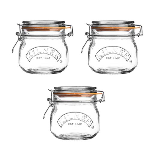 Kilner Set of 3 Round Clip Top Jars 0.5 Litre (3 X 500ml) Airtight Glass Storage Jars for Preserving Jams Dry Foods Reusable