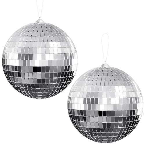Youdepot 10 Cm Disco Ball 2 Pack, Silver Hanging Mirror Balls With String, Mini Glitter Ball Decorations for Christmas Tree, Wedding, Birthday Party and Dj Stage Decor