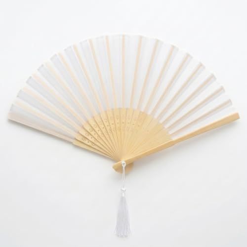 Fansof.fans Fabric Handheld Folding Hand Fan With a Tassel Grade a Bamboo Ribs for Women Girls Summer Party Event Favour Birthday Wedding Souvenir Gift (white)