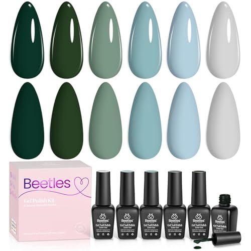 Beetles Green Gel Polish Set - 6 Colors Dark Green Gray Baby Blue Spring Color Gel Nail Polish Misty Soak Off Diy Home Uv Nails Gifts for Women Girls