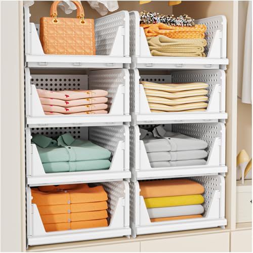 Snslxh 5 Pack Wardrobe Storage Organiser, Stackable &amp;amp; Foldable Closet Organisers for Bedroom Bathroom Laundry Room Wardrobe Storage, Space-Saving Clothes Storage Drawer Organiser Basket, White