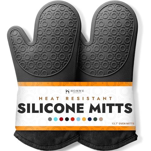 Bpa-Free Silicone Oven Mitts Ultra Heat Resistant Up to 500&amp;deg;f - Oven Mitts With Thick Cotton Liner - Long Slip Resistant Pot Holders, Flexible Oven Gloves - Black 13.7"