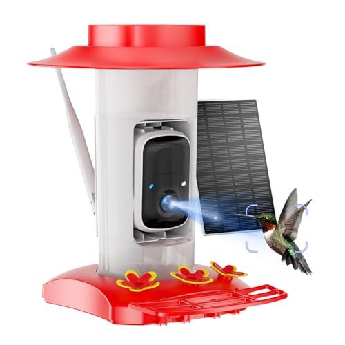 Hummingbird Feeder With Camera Outdoor, Sv3c Hanging Bird Feeder With Ant Moat &amp;amp; Bee-Proof, Hd 2k Solar Powered, Ai Bird Identify, Instant App Alerts, Auto Capture, Hummingbird Lover Gifts, 21oz, Red