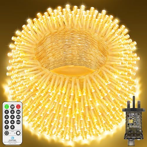 120m 1000 Led Fairy Lights Outdoor String Lights Plug in Extra Long Christmas Lights Waterproof With Remote Timer 8 Modes for Outside Garden Patio Party Wedding Yard Tree Decorations Warm White