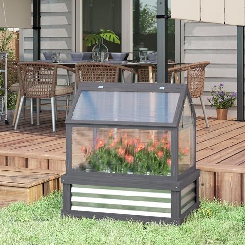 Outsunny Raised Garden Bed With Polycarbonate Greenhouse, Wooden Cold Frame Greenhouse, Garden Flower Planter Protection, Peak Roof, 35.5" X 22.5" X 38.25", Gray