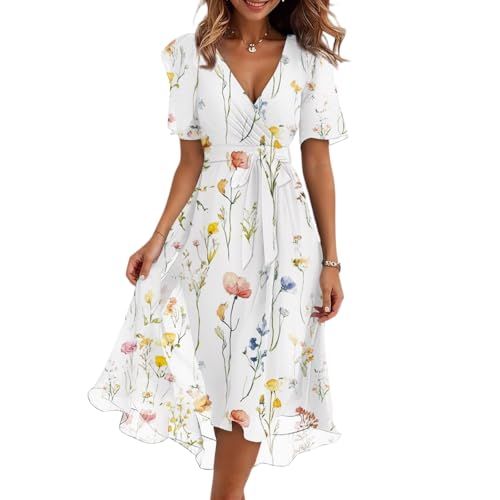 Women&amp;rsquo;s V Neck Short Sleeve Midi Dress With Floral Print Lightweight Flowing Fabric for Casual and Daily Wear White S