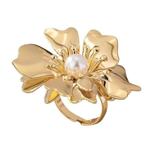 Imini Vintage Flower Pearl Ring, Gold Plated Adjustable Expandable Band &amp;ndash; Trendy Vintage Floral Statement Jewellery for Women, Promise Wedding Party Gift, Comfort Fit Sizes Q to Y