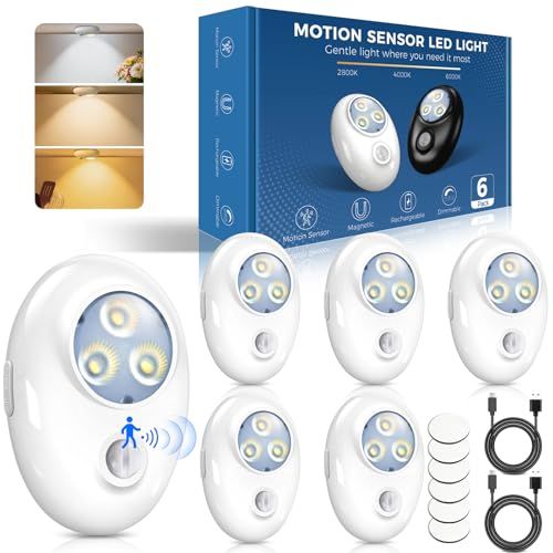 Motion Sensor Led Lights Indoor 6 Pack, Rechargeable Wireless Cabinet Lights, Magnetic Stick on Under Cupboard Lighting, Dimmable 3 Colour Temperatures, Night Light for Kitchen Stairs Closet Hallway