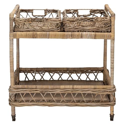Safavieh Home Collection Ambrose Bct6500a Grey Wash and Antique Brass 2 Tier Rattan Bar Cart