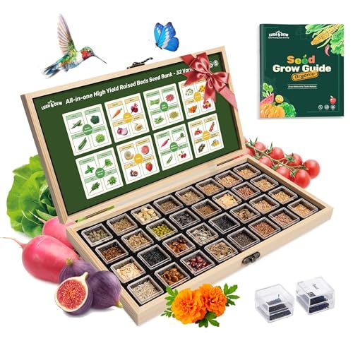 Lush&amp;amp;dew Raised Garden Bed Heirloom Seed Bank, 32 Varieties 30,000+ Non-Gmo Seeds for Planting Vegetables Herbs Fruits Year-Round, Gardening Gifts for Women Men, Survival Seed Kit for Food Suppies
