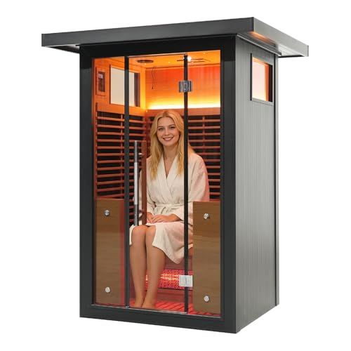 Amocane Outdoor Infrared Sauna With Wifi Control,1-2 Person Far Infrared Sauna Spa With Remote Control, Canadian Hemlcok Wood Dry Sauna With 7 Carbon Heaters, Backyard Saunas for Home &amp;amp; Gym