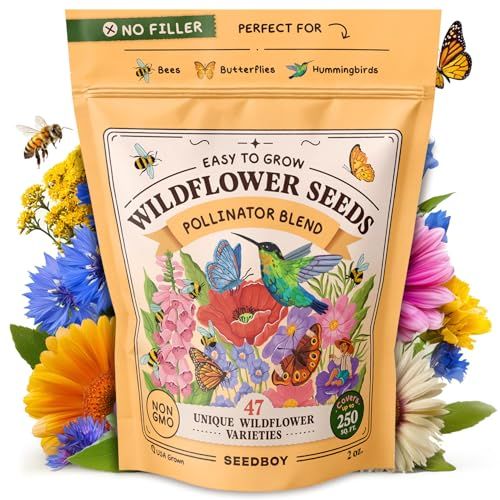 Seedboy Wildflowers for Pollinators Seed Mix &amp;ndash; 2 Oz Bulk Wildflower Seeds - 40,000+ Non-Gmo Seeds for Bees Butterflies Hummingbirds &amp;ndash; 47 Varieties of Annual &amp;amp; Perennial Wild Flowers for Planting (2oz)