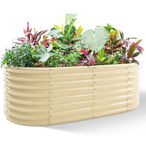 Land Guard 24&amp;ldquo; Tall 4&amp;times;2ft Galvanized Raised Garden Bed Kit, Galvanized Planter Garden Boxes Outdoor, Oval Large Metal Raised Garden Bed for Vegetables (cream Yellow, 4&amp;times;2&amp;times;2ft)