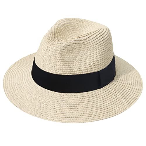Dreshow Women Wide Brim Straw Panama Roll Up Hat Fedora Beach Sun Hat Upf 50+