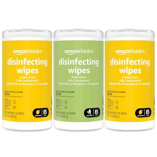 Amazon Basics Disinfecting Wipes, Lemon &amp;amp; Fresh Scent, Sanitizes/cleans/disinfects/deodorizes, 255 Count (2 Packs Lemon, 1 Pack Fresh Scent)