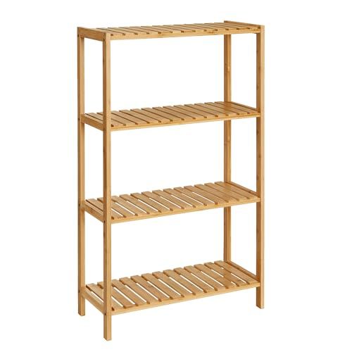 Songmics Bamboo Storage Shelf, 4-Tier Shelving Unit, Multifunctional, in the Hallway, Bathroom, Living Room, Balcony, Kitchen, 26 X 60 X 100 Cm, Natural Beige Bcb034y01