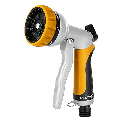 Restmo Hose Pipe Spray Gun, Heavy Duty Garden Hose Spray Gun, High Pressure Hose Nozzle, Metal Hand Sprayer With 7 Patterns and Water Flow Control, Ideal to Water Plant &amp;amp; Lawn, Wash Car &amp;amp; Pet, Yellow