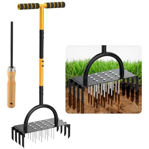 Manual Lawn Aerator, 2-In-1 Aerator With 16 Spikes&amp;amp; 8 Cores, 98cm Lightweight Grass Aerator Tools for Yard, Lawn Aeration, Garden Tool, Revives Lawn Health