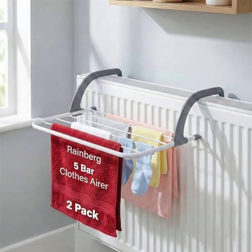 Rainberg 5 Bar Radiator Clothes Airer Rack, Foldable Clothes Airer With Adjustable Arms, Laundry Dryers Clothes, Hanging Drying Rack Airer (pack of 2)