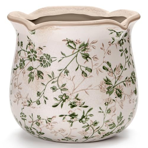 Behen Bahen Vintage Ceramic Planter Pot With Drainage Holes, Green Floral Design, 6.11 Inch, Distressed Tuscan Style, Indoor Plant Pot and Vase (sage Beige)