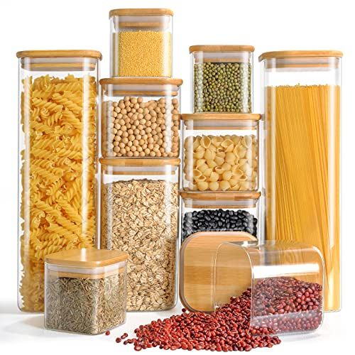 Finew Storage Jars With Lids, Set of 10 Airtight Glass Jars 2100ml 1500ml 750ml 350ml, Square Storage Jars &amp;amp; Canisters, Spice Jars for Pasta Flour Spices Cookie Sugar Tea Coffee Beans