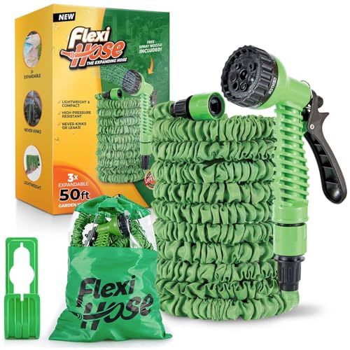 Flexi Hose Expandable Garden Hose - 50ft Heavy Duty Water Hose, Retractable Hose With 3/4-Inch - Expandable Design &amp;amp; Spray Nozzle Included - Green, 15 Metres