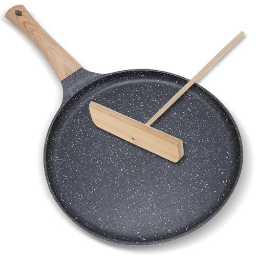 Meetoz Non Stick Crepe Pan,black Pizza With Wooden Handle,maifanite Frying,granite Frying Pan Stone Pans,multi-Functional for Eggs and Steak (24 Inches)