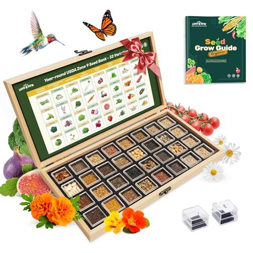 Lush&amp;amp;dew Year-Round Usda Zone 9 Seed Bank, Valentines Gardening Gifts for Women Men, 32 Varieties Non-Gmo Heirloom Seeds of Vegetables Herbs, Gift for Mom Dad, Survival Seed Kit for Raised Garden Bed