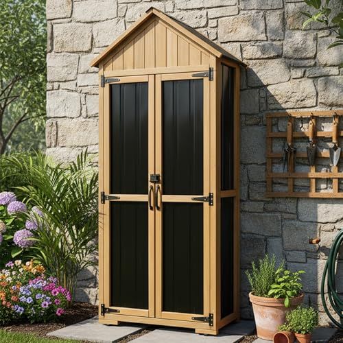Outdoor Storage Cabinet Waterproof, Outdoor Storage Shed With Shelves, Wood &amp;amp; Metal Patio Backyard Garden Storage Cabinet Tool Organizer for Outside