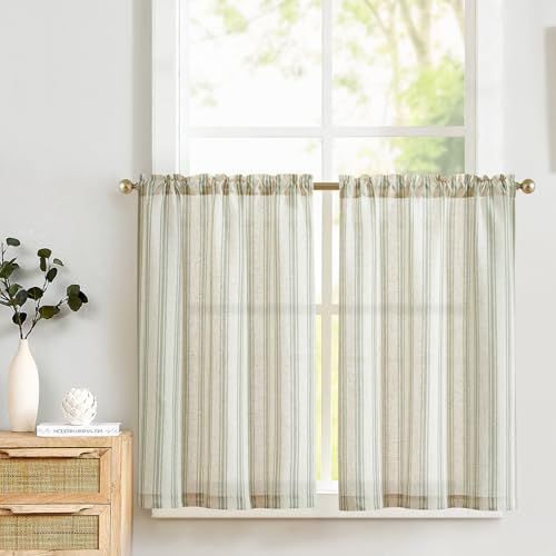 Topick Linen Look Kitchen Curtains 24 Inch Drop, Light Filtering Short Curtain 2 Panels for Living Room, Bedroom, Bathroom,cupboard Base, Rod Pocket Green Stripe Cafe Curtains, W26 X L24 Inch