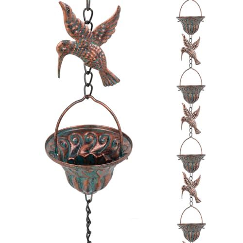 Qipade Rain Chain for Gutters, 8.7 Ft Rain Chains With 12 Cups &amp;amp; Detachable Hummingbird Decor, Adjustable Rain Catcher Chain With Bell for Eaves Drainage, Replacement for Downspout