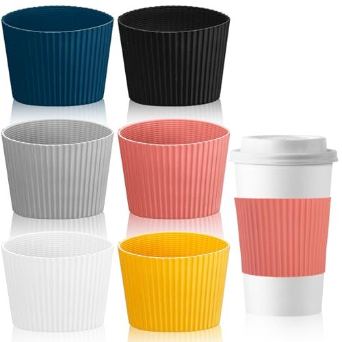 Peovlvn 6 Pack Coffee Cup Sleeves Reusable Silicone Coffee Sleeve Heat Resistant Cup Sleeves for Hot and Cold Drinks Glass Bottle Mug Protector Cover for Home Travel (6 Colors)