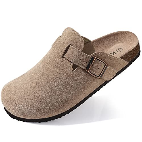 Shevalues Women's Suede Clogs Leather Mules Cork Footbed Sandals Slides Potato Shoes With Arch Support Taupe