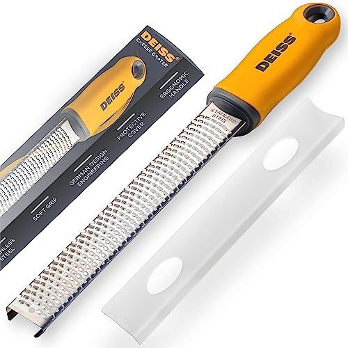 Deiss Pro Citrus Zester &amp;amp; Cheese Grater &amp;mdash; Parmesan Cheese Lemon, Ginger, Garlic, Nutmeg, Chocolate, Vegetables, Fruits - Razor-Sharp Stainless Steel Blade, Wide, Dishwasher Safe