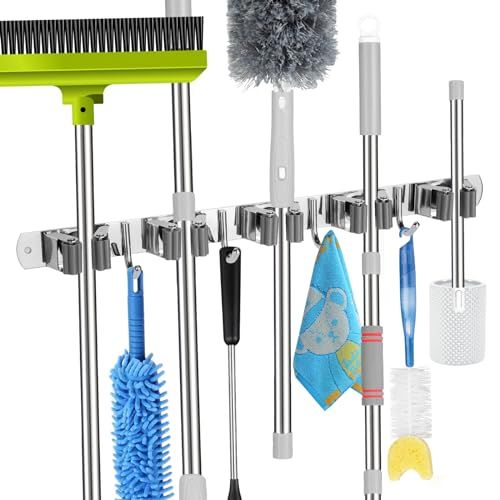 Voze 5 Racks and 4 Hooks Mop and Broom Holder Wall Mount, Self Adhesive Heavy Duty Broom Hanger Organizer Storage Tool Racks for Kitchen Garden Laundry Garage