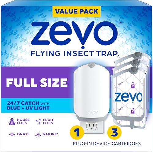 Zevo Flying Insect Trap &amp;amp; 3 Refill Cartridges - Plug in Fly Trap &amp;amp; Indoor Bug Catcher for Gnats, House &amp;amp; Fruit Flies - Blue &amp;amp; Uv Light Technology, Mess-Free Alternative to Bug Zapper