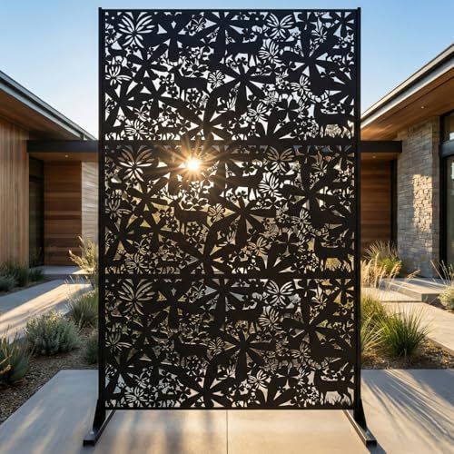 Metal Privacy Screen Outdoor 6ft &amp;ndash; Freestanding Laser Cut Steel Garden Divider Panel With Stand, Decorative Modern Privacy Screen for Patio, Deck, Backyard &amp;amp; Balcony, Rustproof &amp;amp; Weather-Resistant