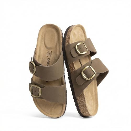 Dream Pairs Women's Slides Soft Genuine Footbed Sandals Comfortable Adjustable Double Buckle Slip-On Flat Sandals With Arch Support Frame Dual Slippers for Summer 2026,size 6,brown,sdss26004w