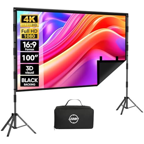 Outdoor Projector Screen With Stand - Leorfi 100 Inch Black Backing Projection Screen - Upgraded Movie Screen 16:9 4k Hd - Wrinkle-Free Lightweight Movie Screen With Carry Bag for Backyard Night