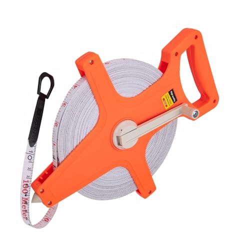 Dual-Sided Measuring Reel With Feet and Meters, 100m/330ft Metric-Imperial Dual-Scale Fibreglass Surveyors Tape for Gardens Construction Sites Sports Fields