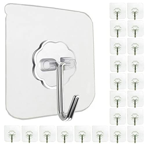 Jwxstore 24 Pack Self Adhesive Hooks Heavy Duty - 33lb Max, Transparent, Waterproof, Sticky Wall Hooks for Keys, Bathroom, Shower, Outdoor, Kitchen, Door, Home Improvement, Utility Hooks