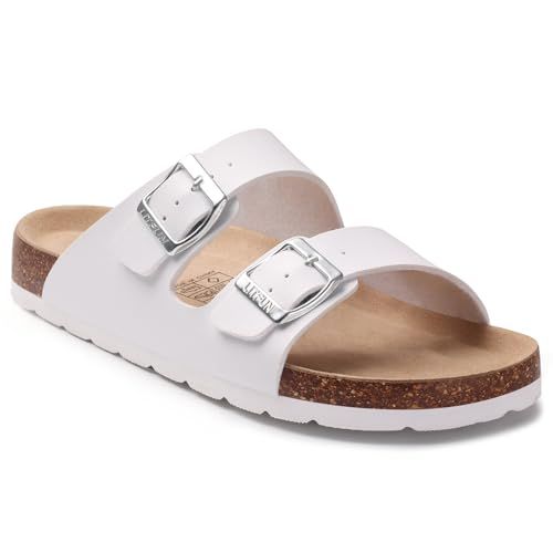 Litfun Women's Cork Footbed Sandal Summer Slip on Slide Sandals With Adjustable Buckle, White 39