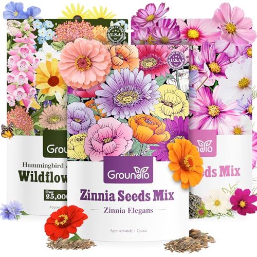 Groundio Zinnia &amp;amp; Hummingbird &amp;amp; Cosmos Seed Mix, 3 Oz (3 Packs), Flowers Seeds for Planting, Wildflower Seeds Bulk, Open Pollinated, Non Gmo Made in Usa