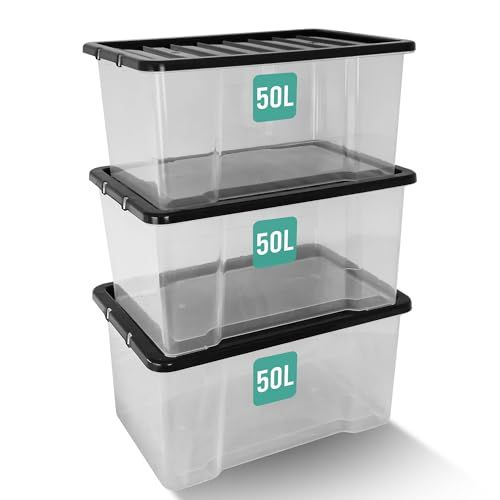Klass 3 X 50 Litre Storage Boxes With Lids Set of 3, Clear Multipurpose Nestable Stackable Plastic Storage Box With Lid 50l Clear Containers for Home, Kitchen, Garage, Office, Accessories