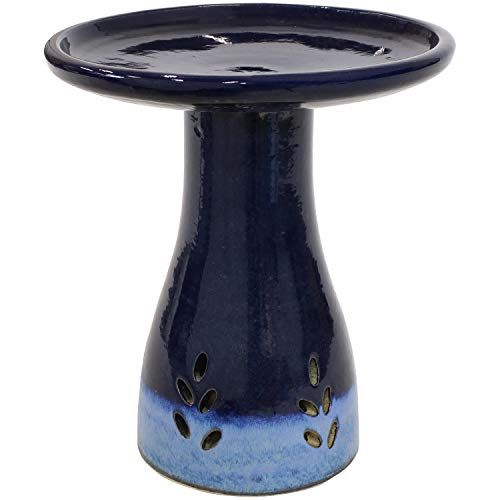Sunnydaze 21" H Ceramic Bird Bath for Outside - Hand-Painted Outdoor Bird Bath Bowl, Uv/frost-Resistant Finish - Dark Blue - Cut Out Pedestal