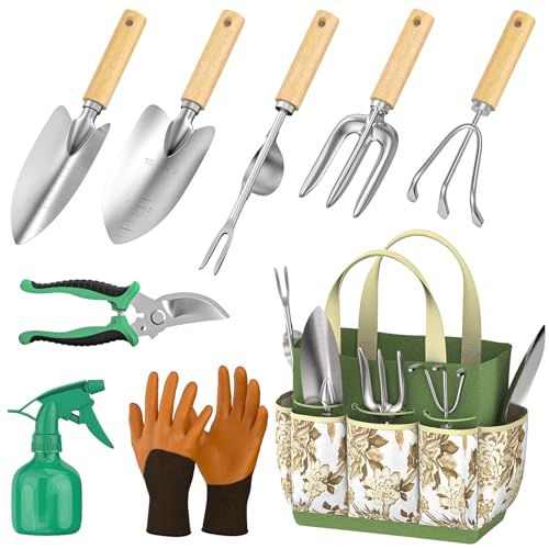 Fixmend Garden Tools Set, 9 Pieces Gardening Hand Tool Gift Kit, Stainless Steel Gardening Gifts for Women &amp;amp; Men With Heavy Duty Tool Bag for Easy Storage