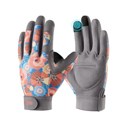 Cooljob Medium Gardening Work Gloves for Women Ladies, Thorn Proof for Rose Pruning, Cactus Handling, Blackberry Bush Planting, Puncture Resistant Anti-Slip Flexible, 1 Pair M Floral Orange