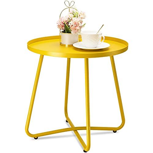 Danpinera Outdoor Side Tables, Weather Resistant Steel Patio Side Table, Small Round Outdoor End Table Metal Side Table for Patio Yard Balcony Garden Bedside Yellow