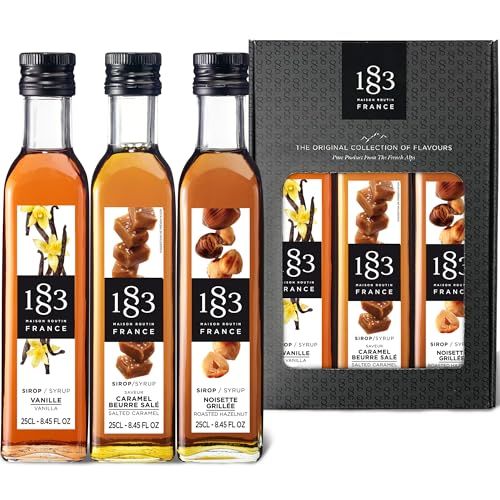 1883 Maison Routin Vanilla, Salted Caramel &amp;amp; Roasted Hazelnut Premium Syrup Gift Set for Coffee, Hot Chocolate, Cocktails, Mocktails &amp;amp; Desserts &amp;ndash; Vegan-Friendly &amp;ndash; 3 X 250ml Glass Bottles